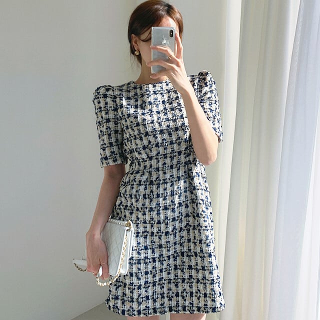 ワンピースドレス レディース ツイード パフスリーブ ミニ丈 膝上丈 かわいい 上品 五分袖 ブラック/アプリコット Sサイズ Mサイズ