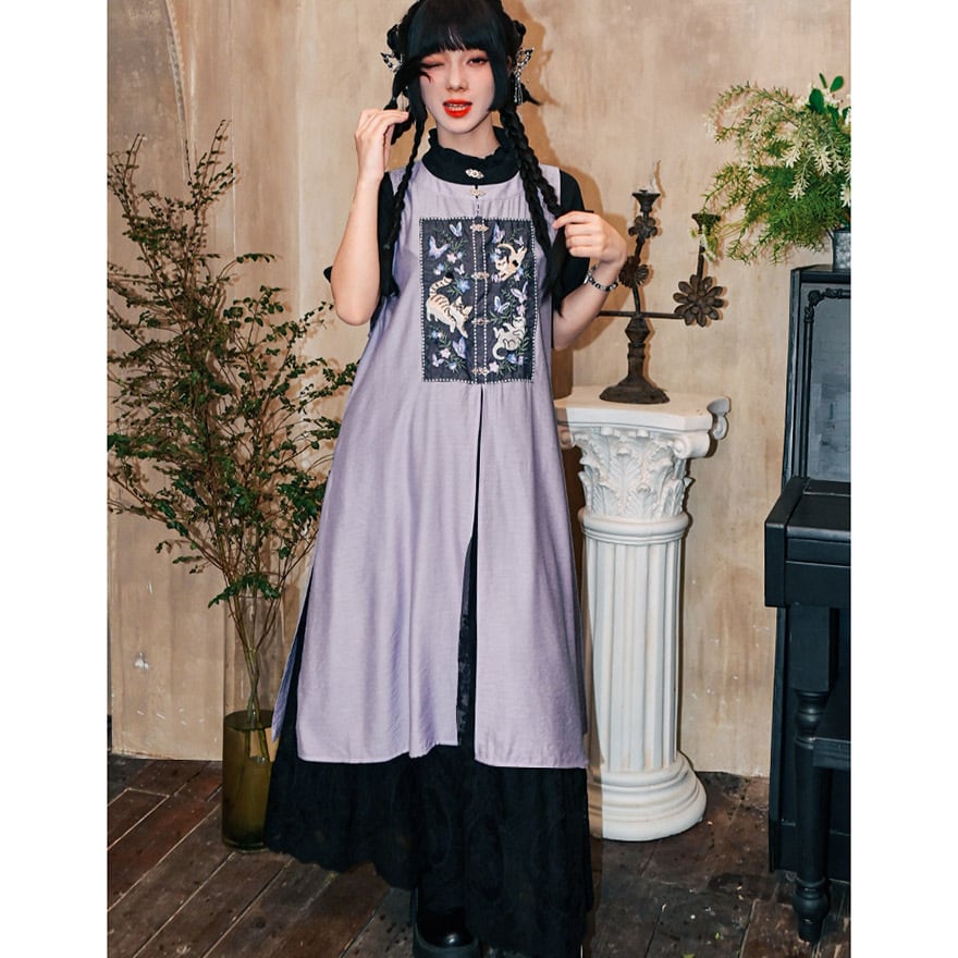中華ゴシック チャイナ風 古怪舎 ジレ ロングジャケット アップリケ 刺繍 中華系ファッション 30代ファッション 夏服