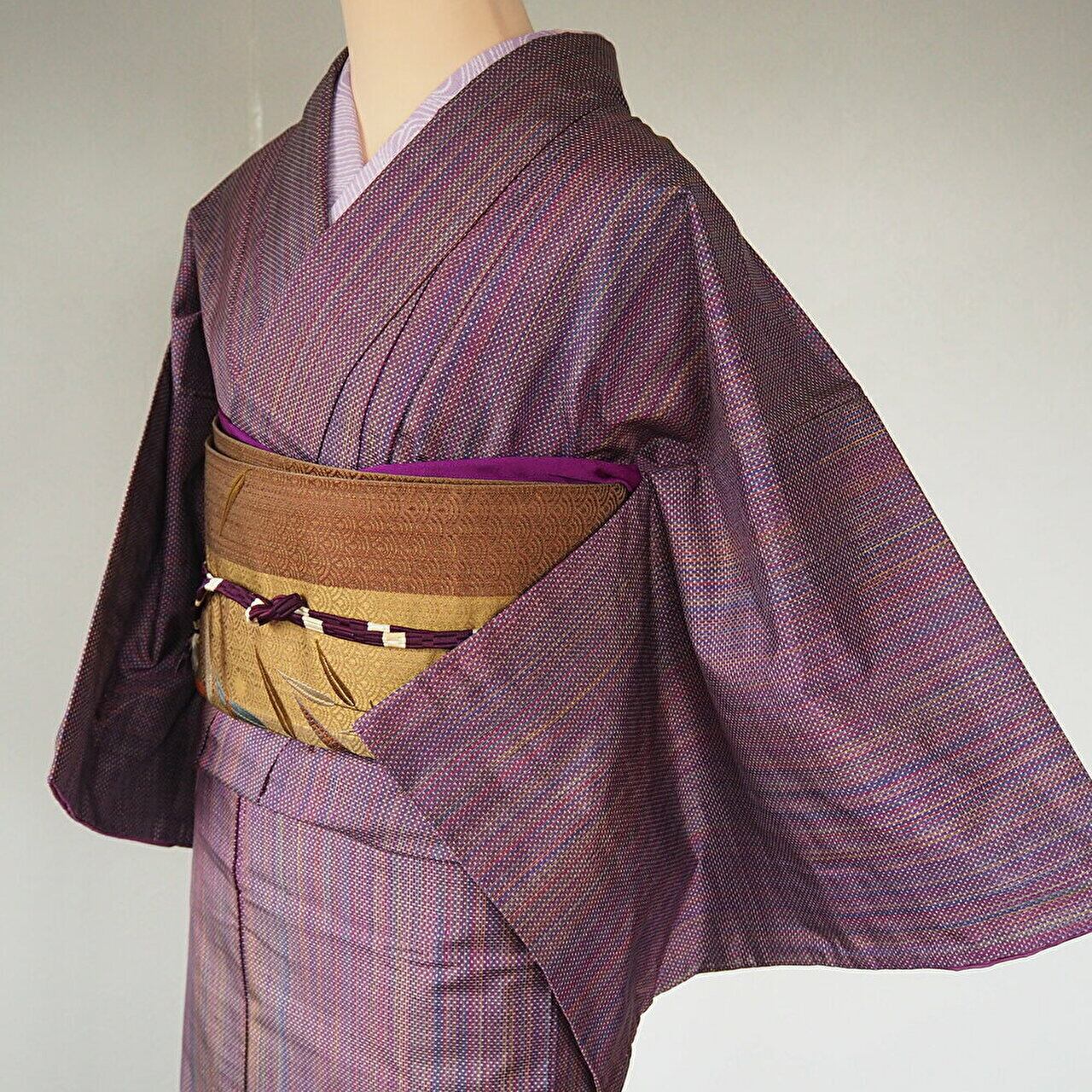 淡い紫　縞模様　紬袷着物