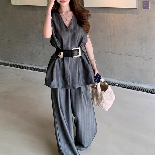 【3点セット】Vネックトップス＋ベルト＋ストライプパンツ ・11964