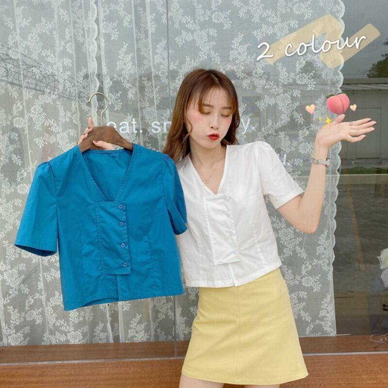 スタンダードブルーシャツ ショートVネックブラウス レディースサマー レトロ 夏物 YY-ファッション68121715380