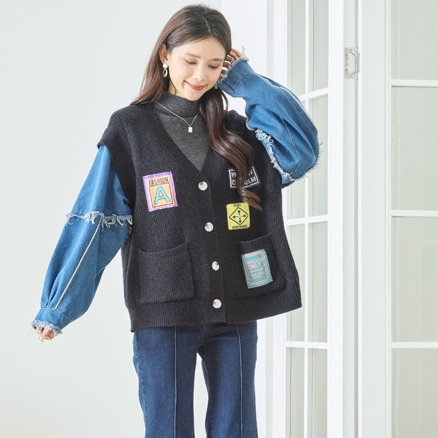 【SALE 31%OFF 4/10 10:00まで】TRUBE デニム袖リブニットドッキング ワッペンカーディガン 【M~L】ブラック