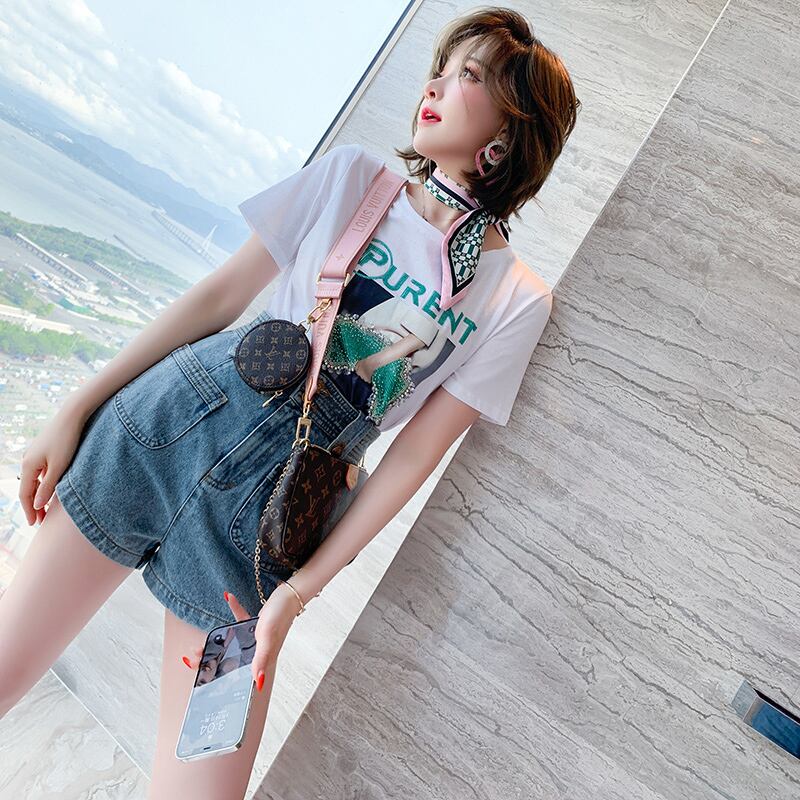 ラインストーンプリントラウンドネックTシャツ ウェスト薄手ショーツ スプリング 春物 サマー 夏物 ブルマー Oネック MIUCO52068087113