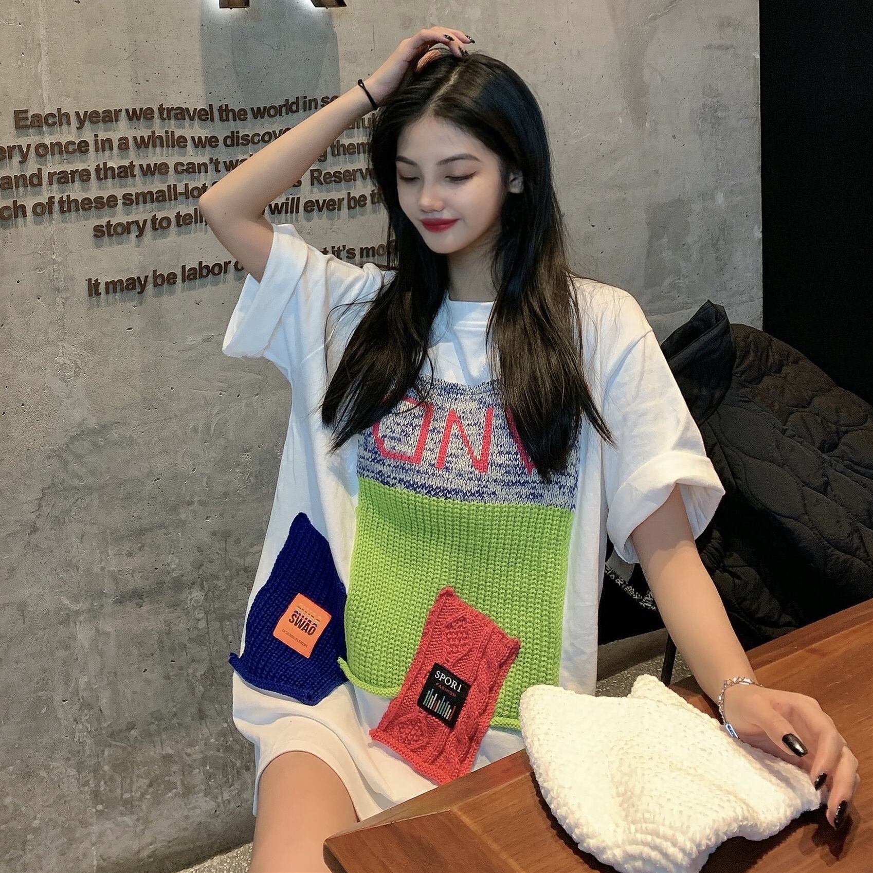 Tシャツ ルーズ薄手セーター トップス サマー 夏物 ステッチ ドラファッションホール36510730505