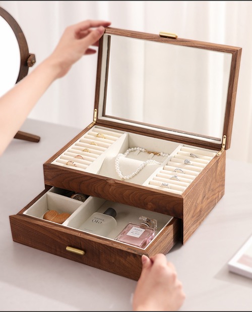 ジュエリーボックス 2段 木製 ウォールナット 大型 アクセサリーケース 引き出し付き フランネル内装 宝石箱 高級感 収納ボックス マルチゾーン