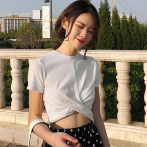 へそ出し Tシャツ レディース 韓国 トップス きれいめ 大人 かわいい セクシー カジュアル おしゃれ 肌見せ フロントクロス 大人可愛い 大人女子