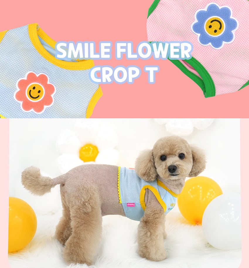 smile flower crop top S ~ XL 2color / 犬服 春夏 新作 可愛い 犬の服 Tシャツ ショート丈 トップス crop top おぱんつカット お揃い ドッグウェア 涼しい ストレッチ カラフル top159