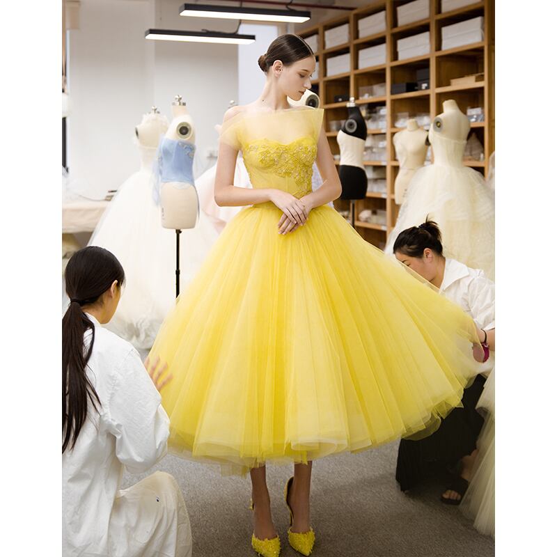 高品質！ パーティードレス ミモレ丈 イエロー ベアトップ 可愛い  