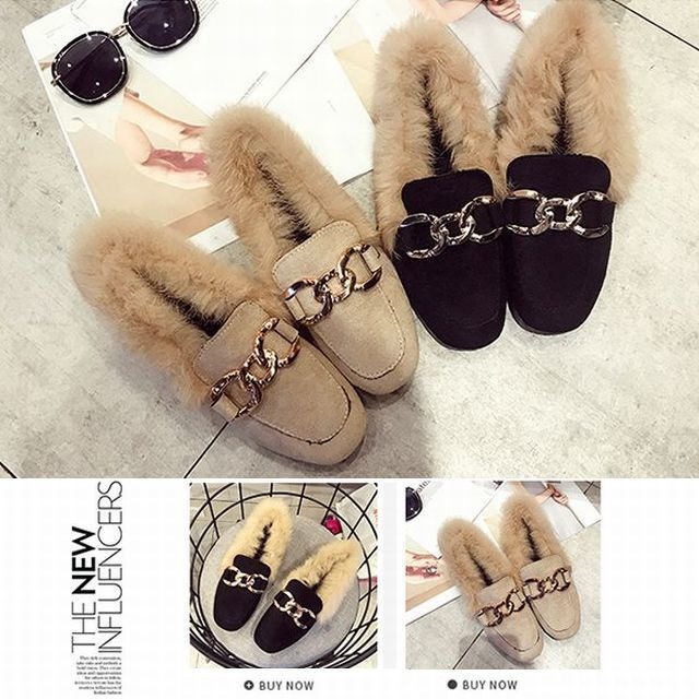 【FURREZIO】ラビットファー付きビットバブーシュ ローファー / Semi-slippers popular women's shoes metal buckle lazy rabbit hair low heels (DCT-574928560880_d)