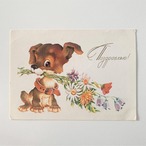 ウクライナのかわいいヴィンテージポストカード (犬とお花） / Vintage Cute Postcard From Ukraine
