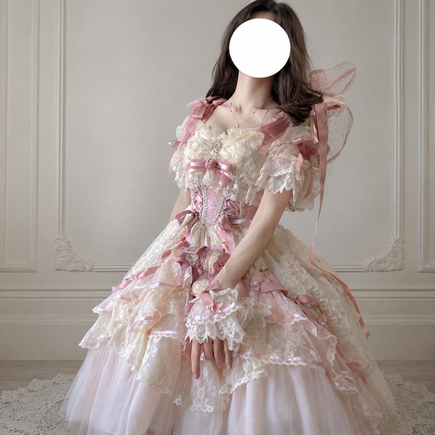 甘ロリ ドレスセット フィッシュテールフリル 薔薇リボン レース