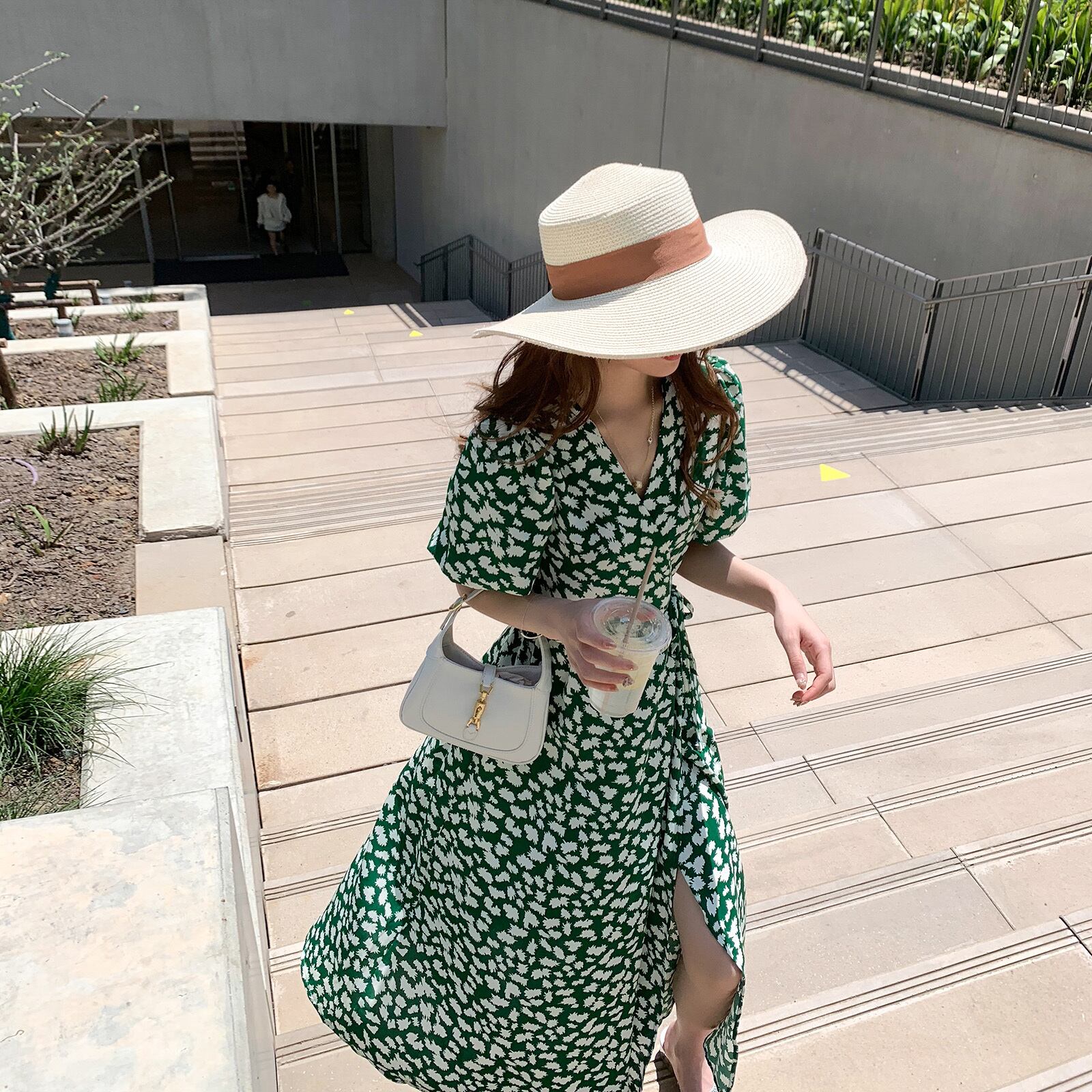 グリーンフローラルドレス サマーウェストスリムシフォンスカート 大人ガーリー スウィート キュート カジュアル 夏物 花柄 6Du_Shop_Women26996919582