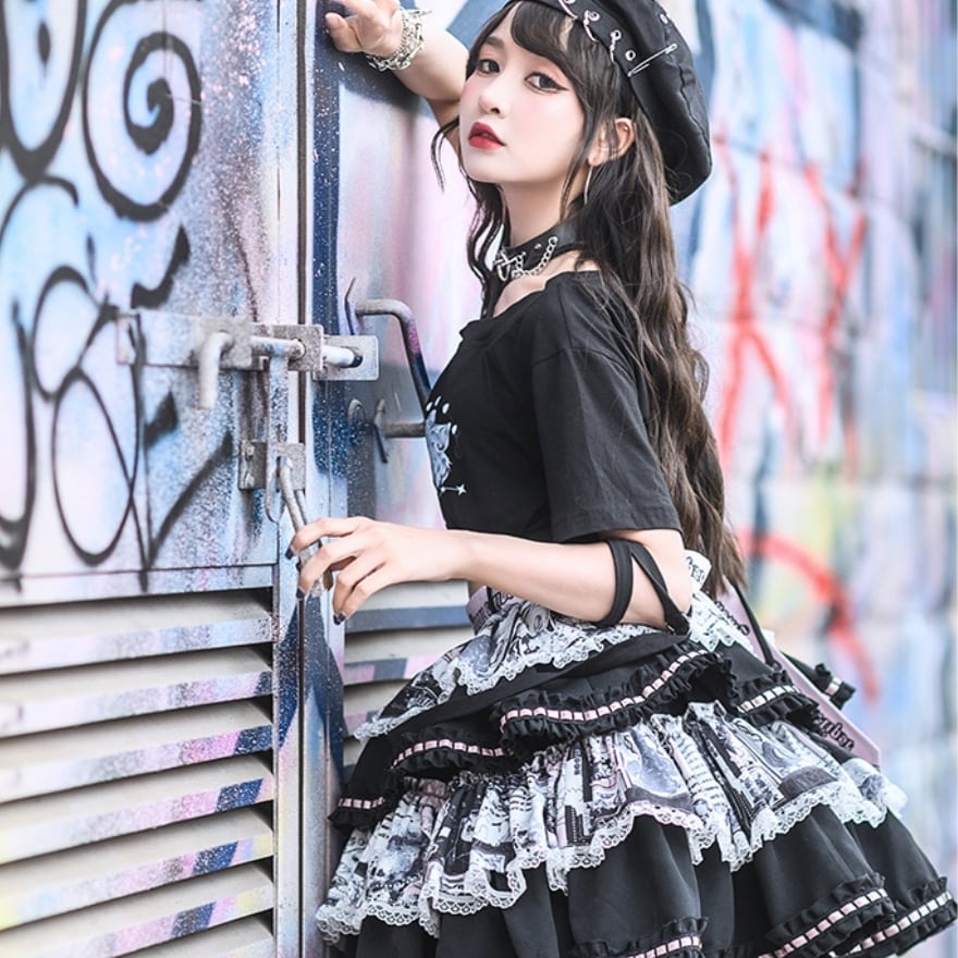 サブカル 服 地雷系 通販 ミニスカ レース ケーキスカート 切替え JK