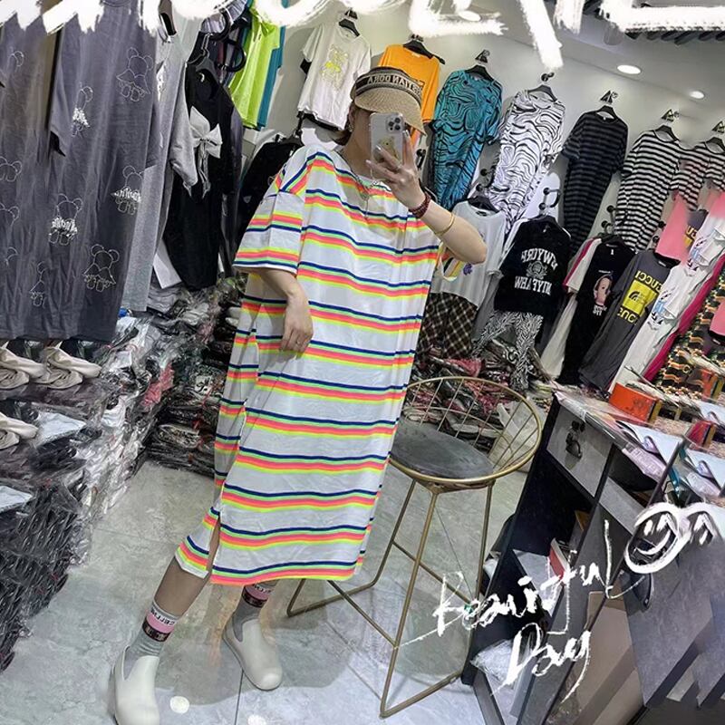 ラウンドネックカラーストライプルーズカジュアルドレス 大きめサイズ Oネック ミックスインファッション54408564210