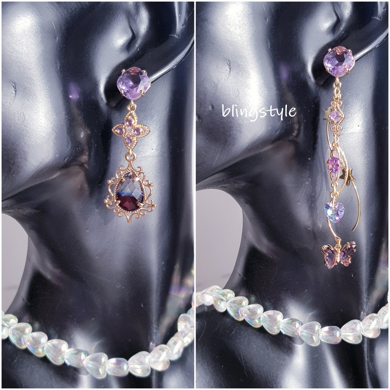 パープル cz ギャラクシーバタフライ アシンメトリー ピアス  