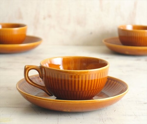 ベルギー製 BOCH ボッホ きれいな飴色のカップ&ソーサー 磁器 ブラウン ヴィンテージ食器 アンティーク it0977