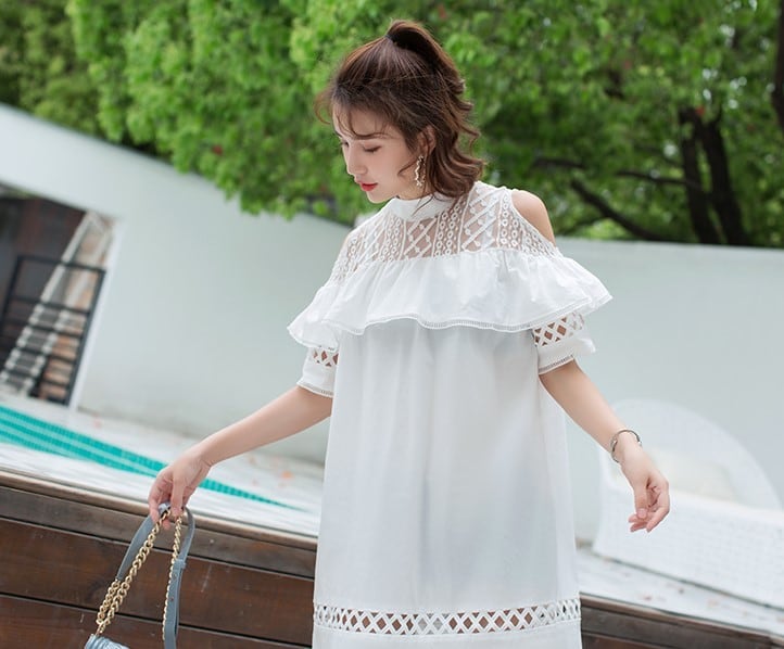 オフショルダー 肩だし ワンピース ハイネック 半袖 レース