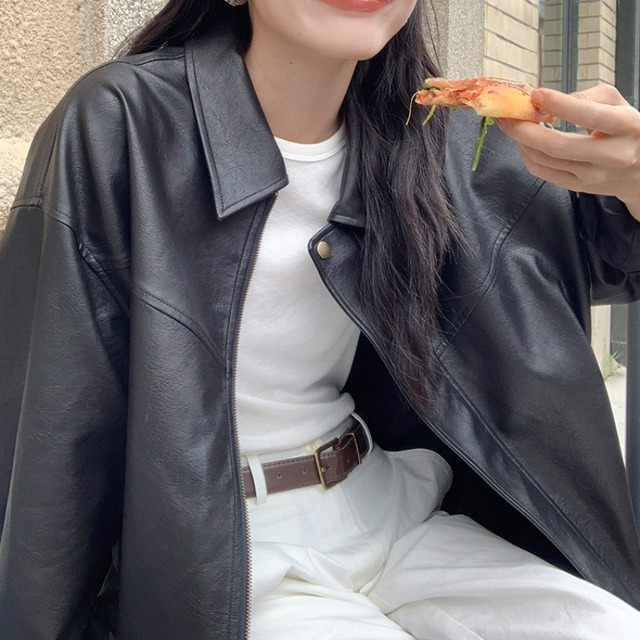 faux-leather oversized jacket　J00429