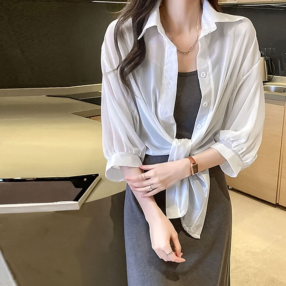 結婚式 パーティー シアー リボン付き シャツ セクシー 韓国系 リボン結び シアー シャツ レディース 韓国 春夏 トップス 重ね