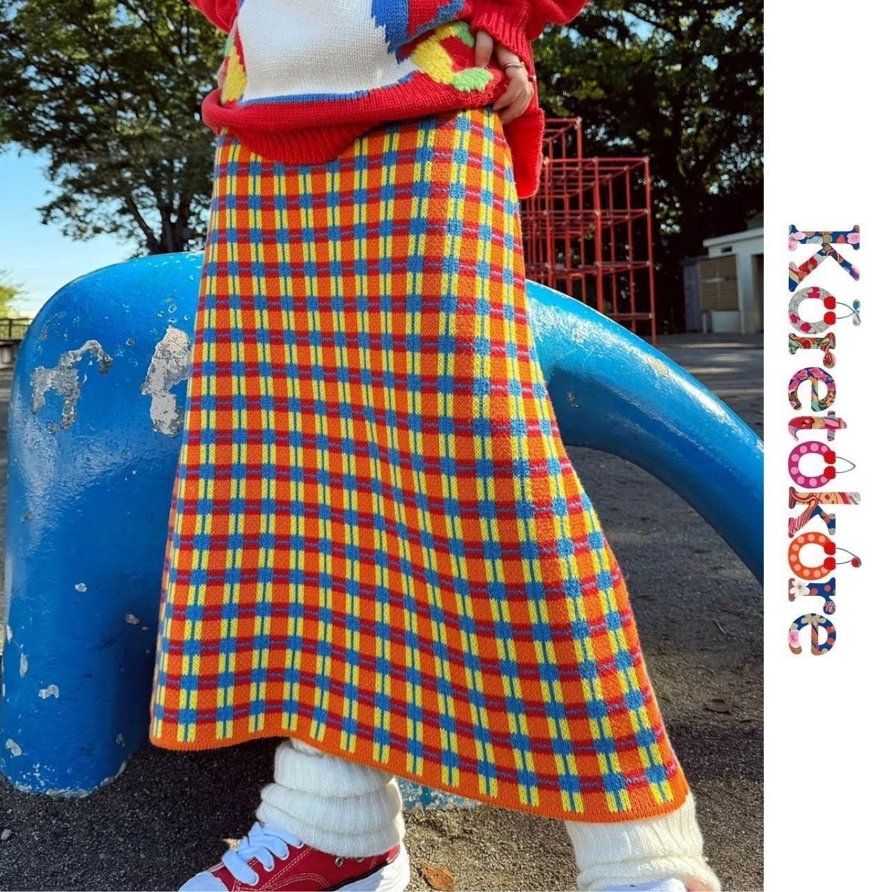 Colorful Check Knit Midi Skirt A1131