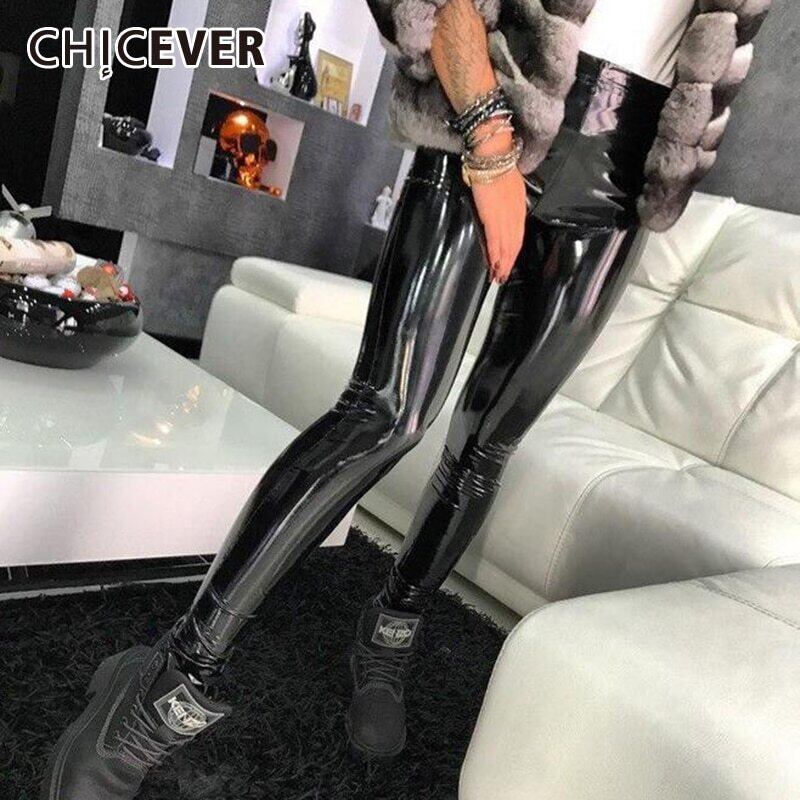 CHICEVERスリムブラックPUパンツレディースウエストスキニーセクシーフルレッグミニマリストラージサイズレザーパンツ服 大きめサイズ 6base585057167502