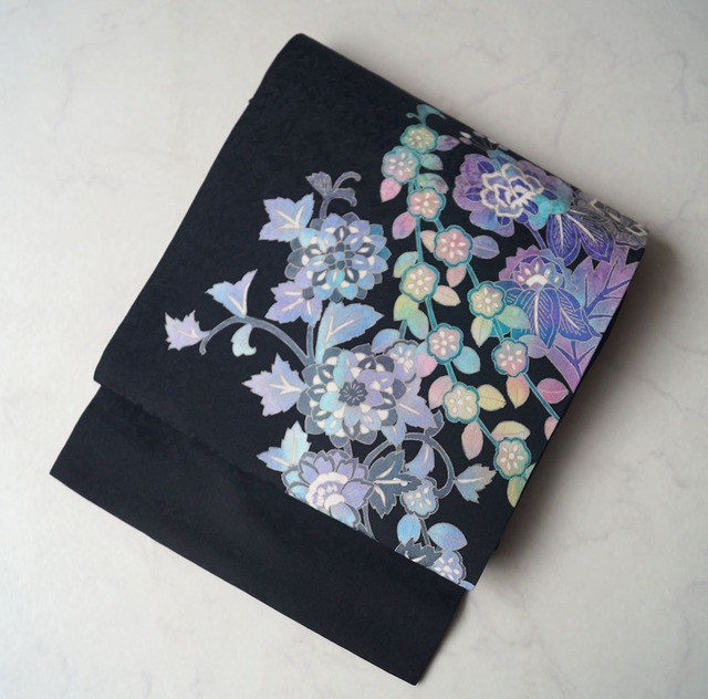 【なごや帯】黒地　抽象花文　なごや帯