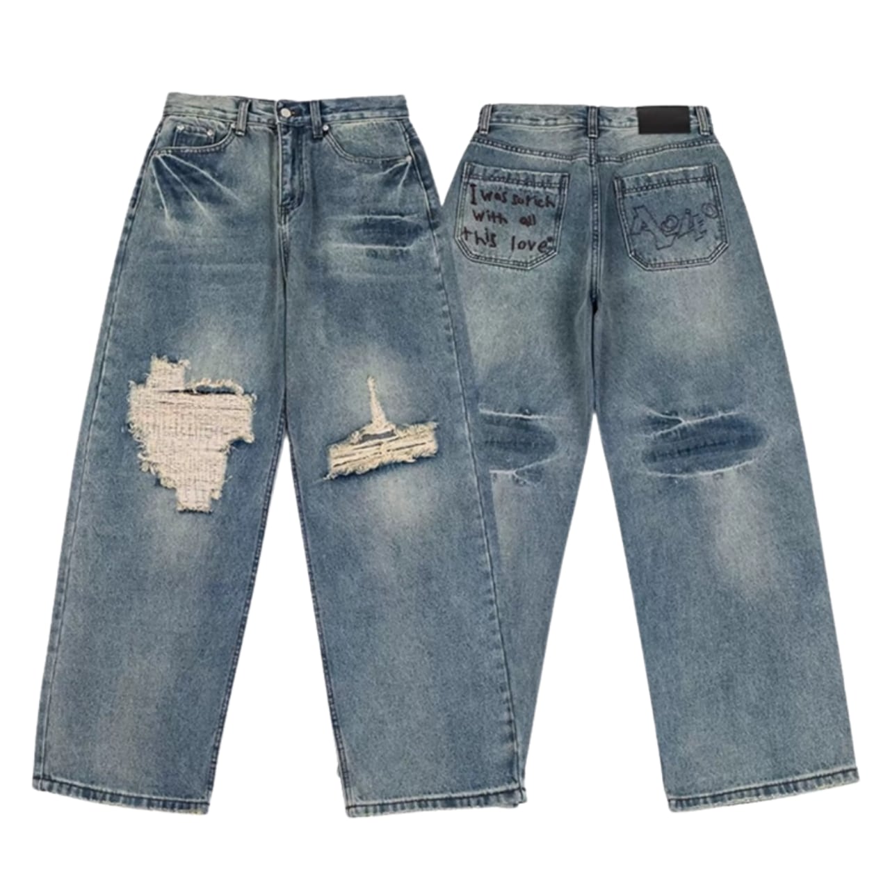 High waisted damaged wide leg damaged denim pants 00275