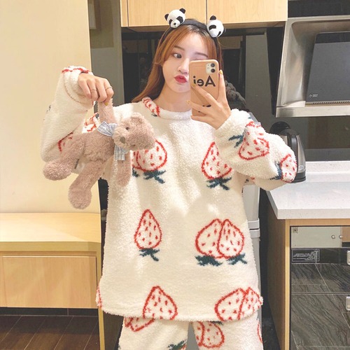 ✞いちごスウィートロリータもこもこトップス＋パンツ 室内着 ナイト パジャマパーティー 秋冬✞ゴスロリ SM ミリ 甘ロリ クラロリ 和ロリ エレガント 黒ロリ 姫ロリ 華ロリ BB-BB83385494616