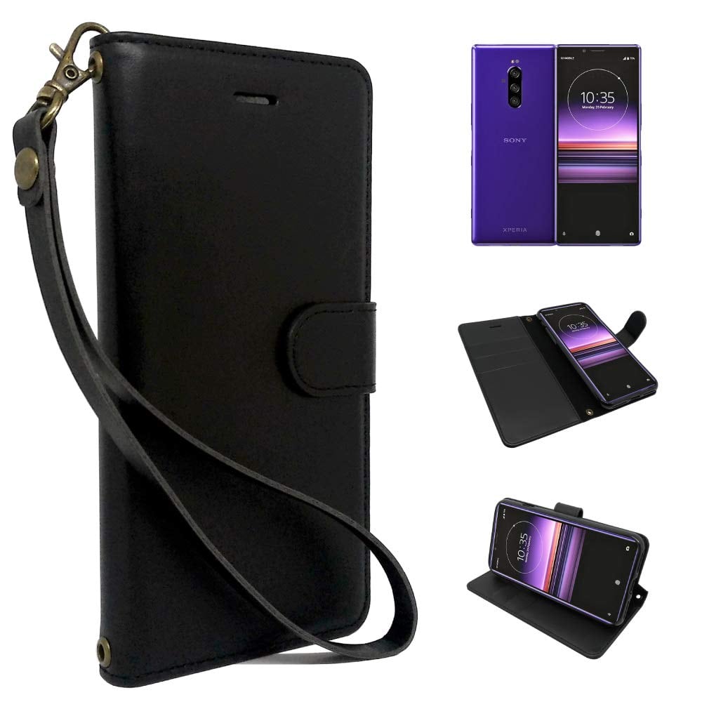 シズカウィル Xperia 1 用 手帳型 ケース カード収納あり PUレザー ビンテージストラップ付 シンプル ソニー SIMPLE BLACK