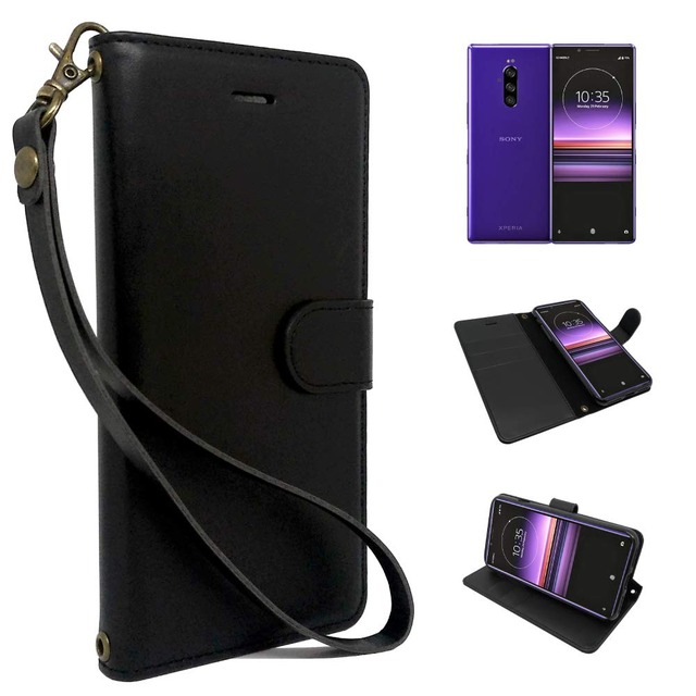 シズカウィル Xperia 1 用 手帳型 ケース カード収納あり PUレザー ビンテージストラップ付 シンプル ソニー SIMPLE BLACK