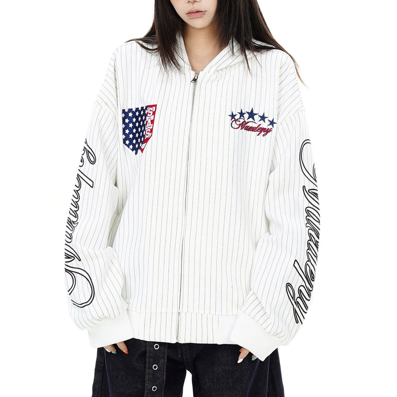 ピンストライプエンブレムジップフーディ 2col R02737
