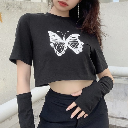 ✞✝✞ ♡Butterflyデザイン蝶プリント柄Tシャツ ショートブラッククロップドトップス ✞✝✞ ゴスロリ SM ミリ 甘ロリ クラロリ 和ロリ エレガント 黒ロリ 姫ロリ 華ロリ AA-AA7868846