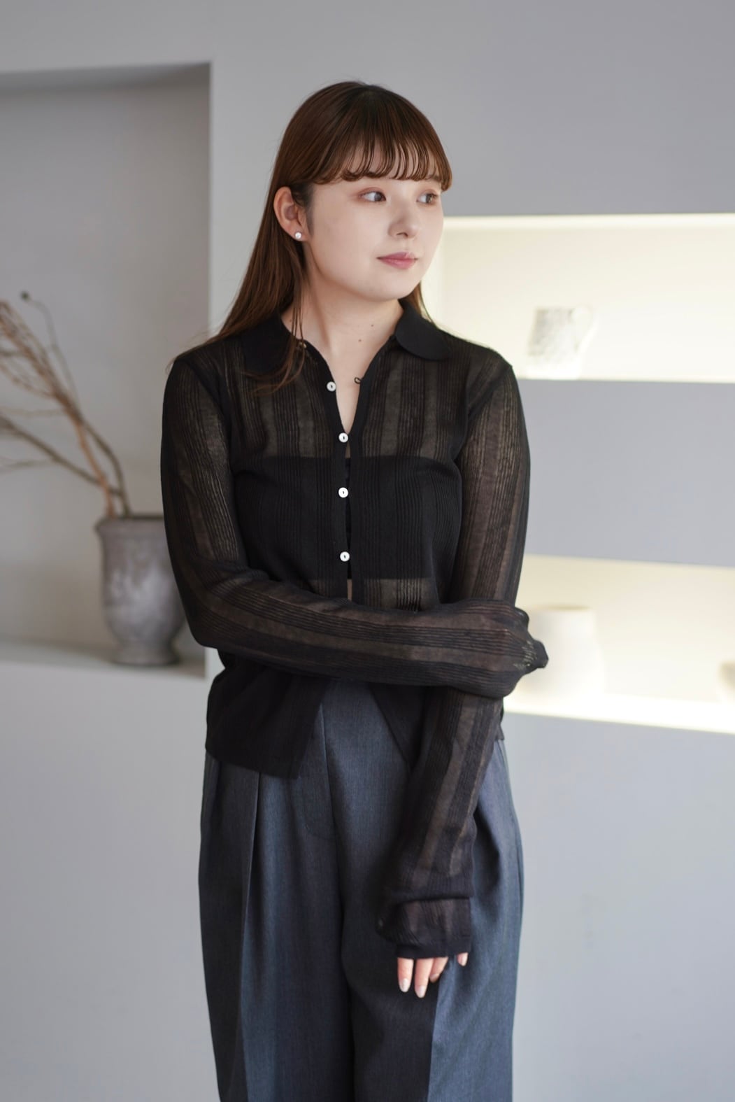 random ribs sheer polo knit ランダムリブシアーポロニット Black