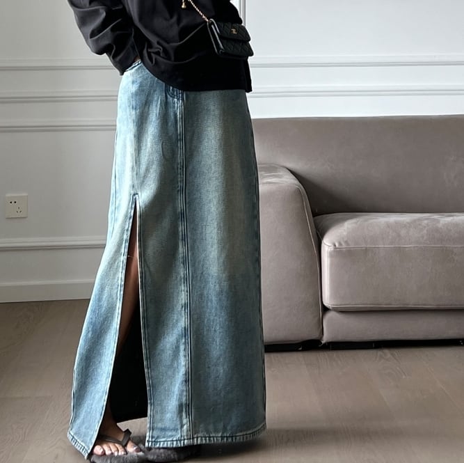 High waist slit denim skirt S381