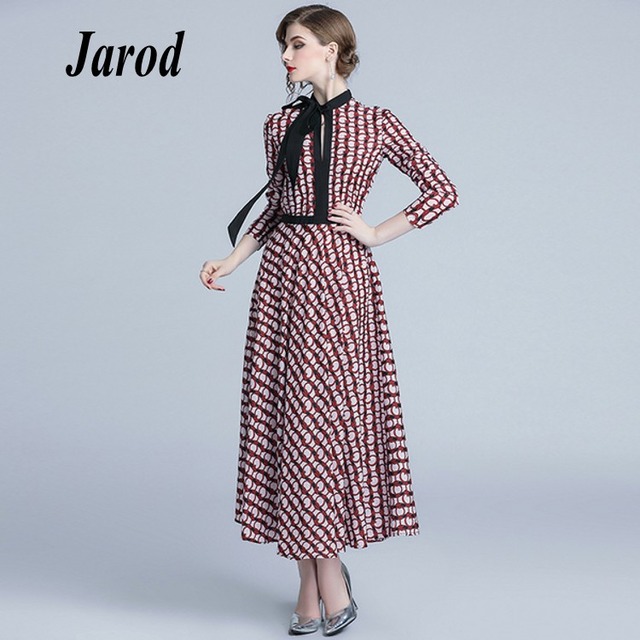 滑走路デザイナー自由奔放に生きるマキシ秋女性のカジュアルなビーチヴィンテージプリントロングドレス長袖弓の襟シフォンドレス