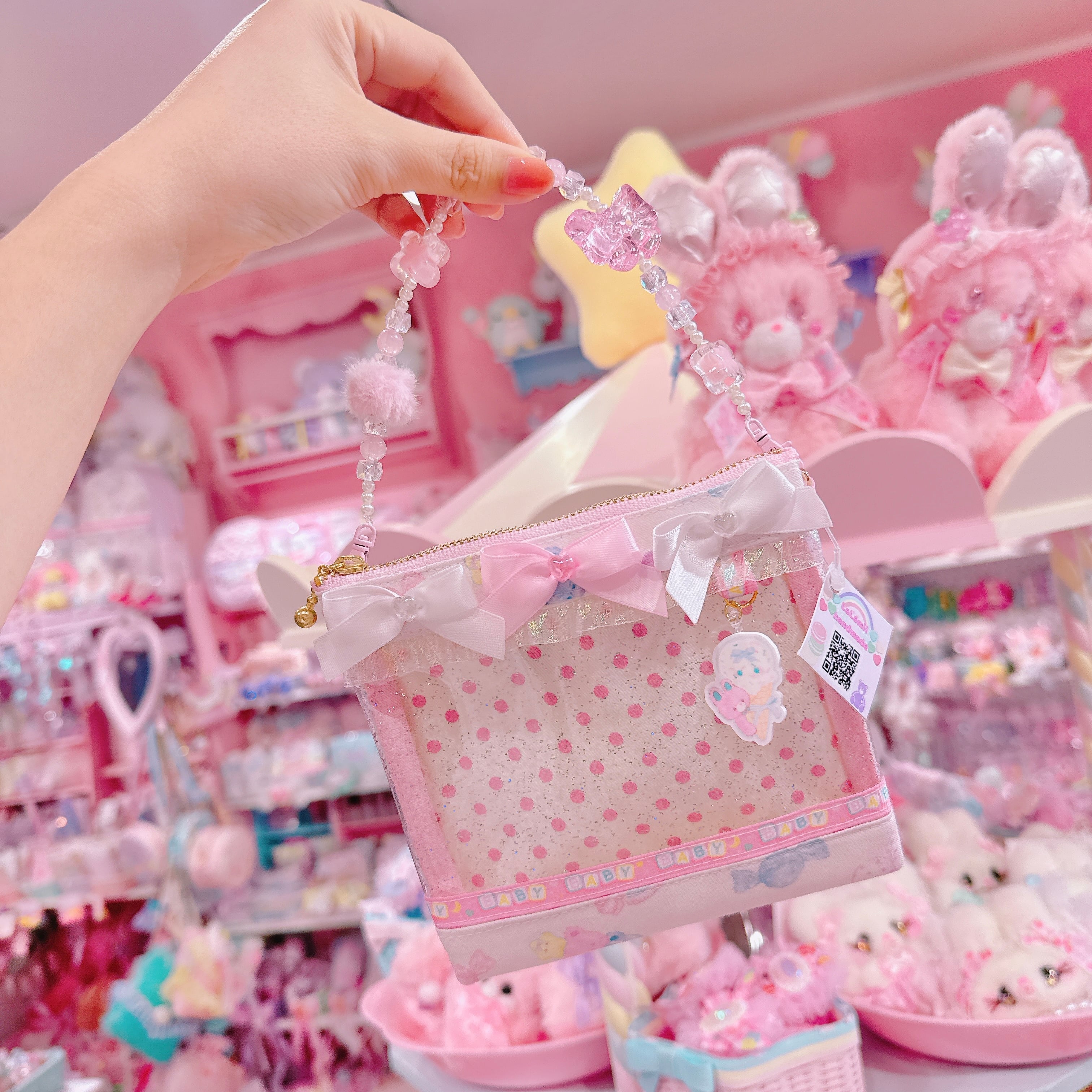 【E3】92-12ビーズストラップ付きぬい見せミニポーチ