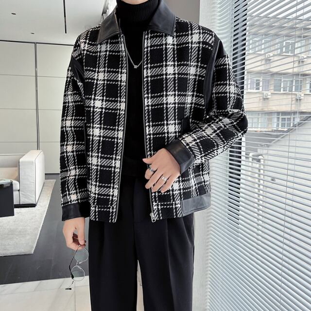 予約販売】ジャケット アウター ツイード ブラック チェック柄 レザー