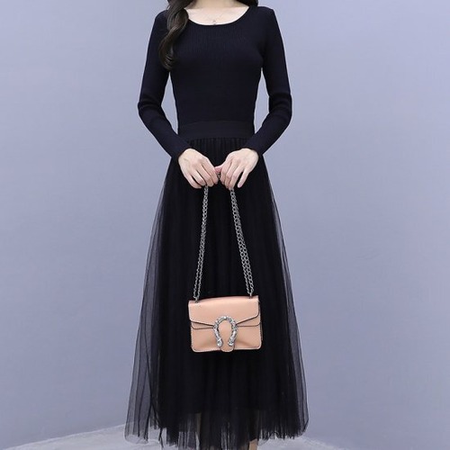 ワンピースドレス お呼ばれ ワンピースドレス チュール  レディース ニットワンピース  チュールスカート シフォンスカート ミモレ丈 フェミニン 透け ウエストゴム 大人かわいい デート 二次会