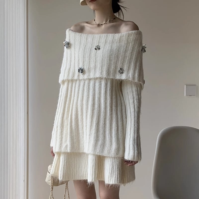 【set】オフショルダーニットトップス×ミニスカートセット Q7277