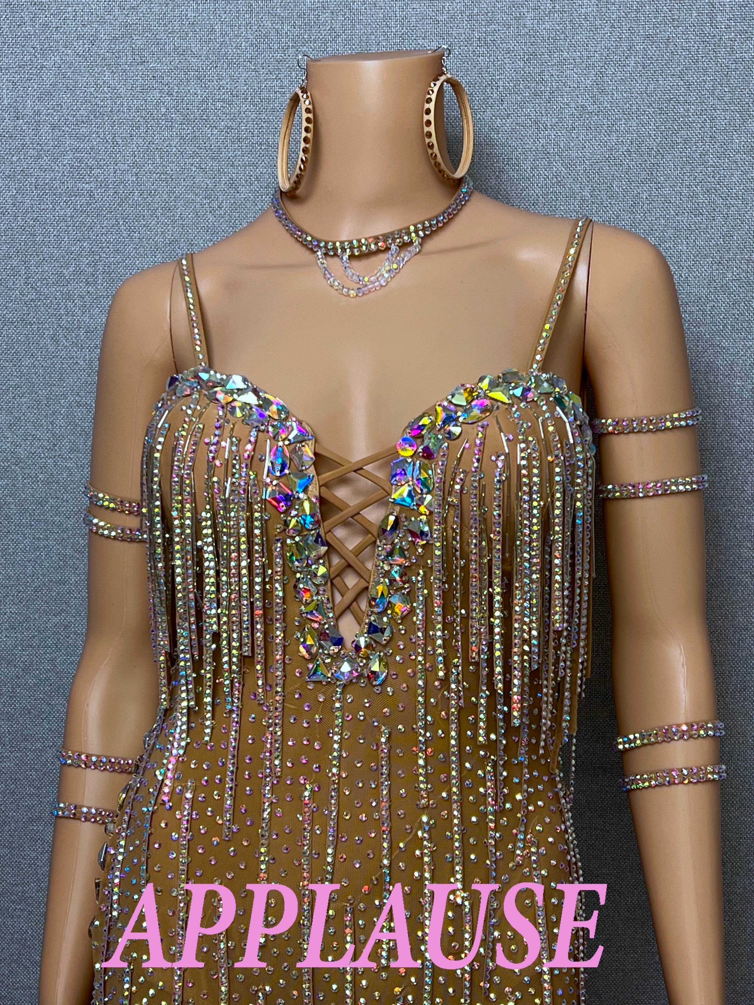 【新着】社交ダンスドレス　ラテンドレス　LA-25-4　 ダークベージュ　M　デモ・競技用ドレス　発表会衣装　パーティドレス　ワンピース　舞台衣装