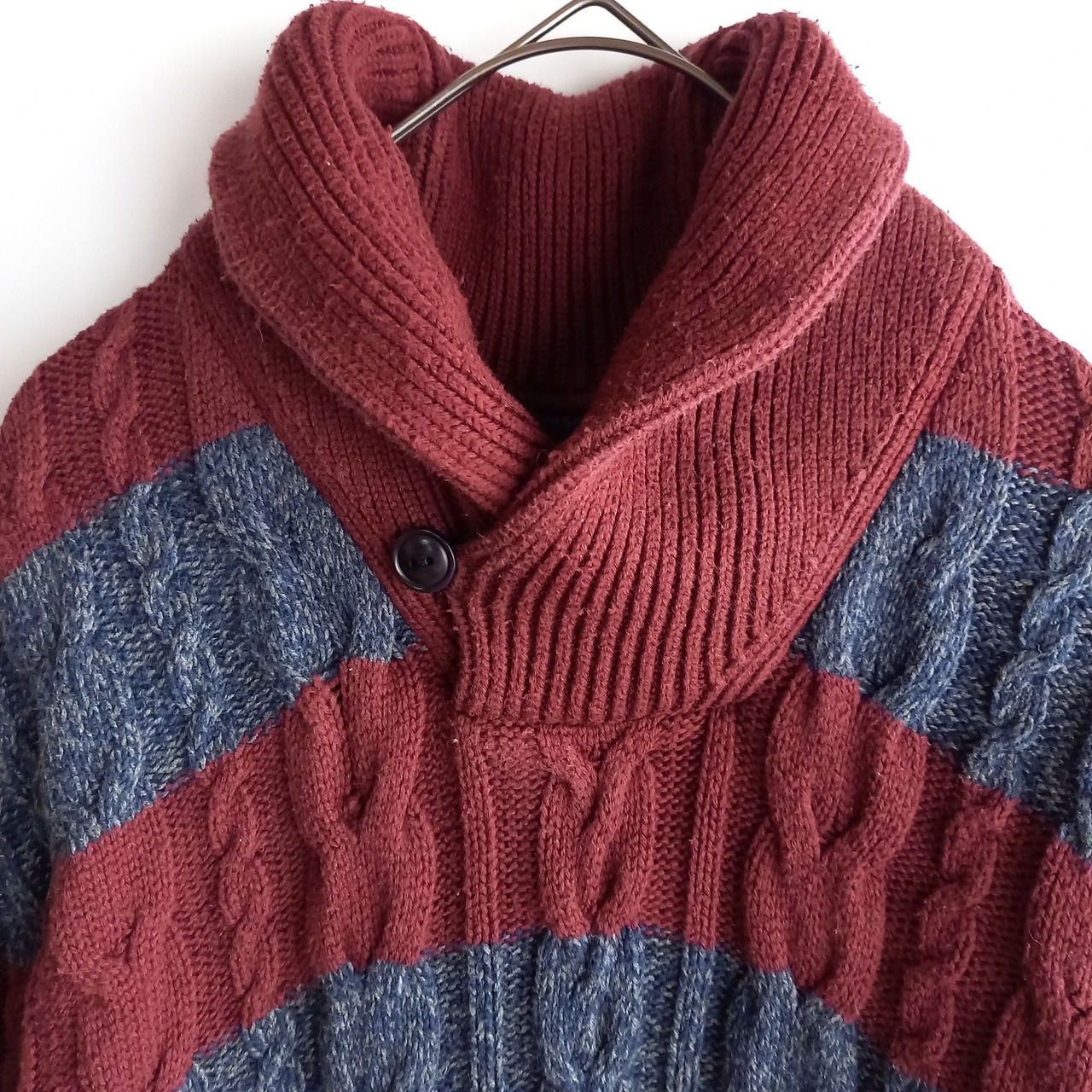 トミーヒルフィガー　ショールカラー　ケーブル編み　コットンセーター　ボーダー　M