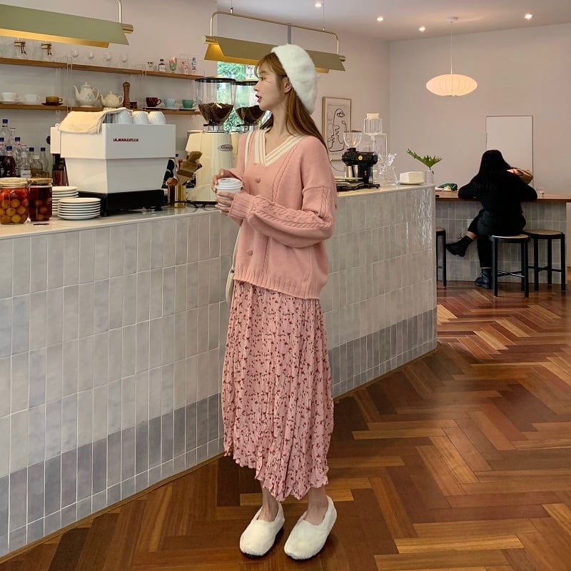 ルーズVネックプルオーバー スリーブ 袖ニット セーター花柄 お花