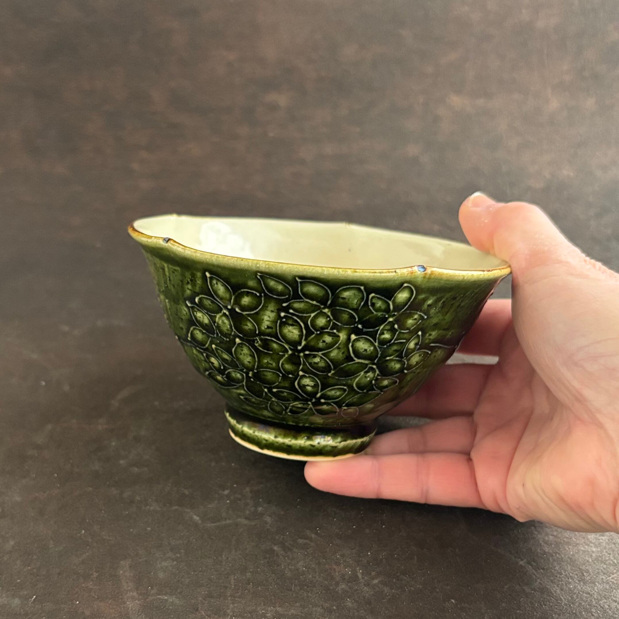 土和のルリエフ 織部お花形ご飯茶碗