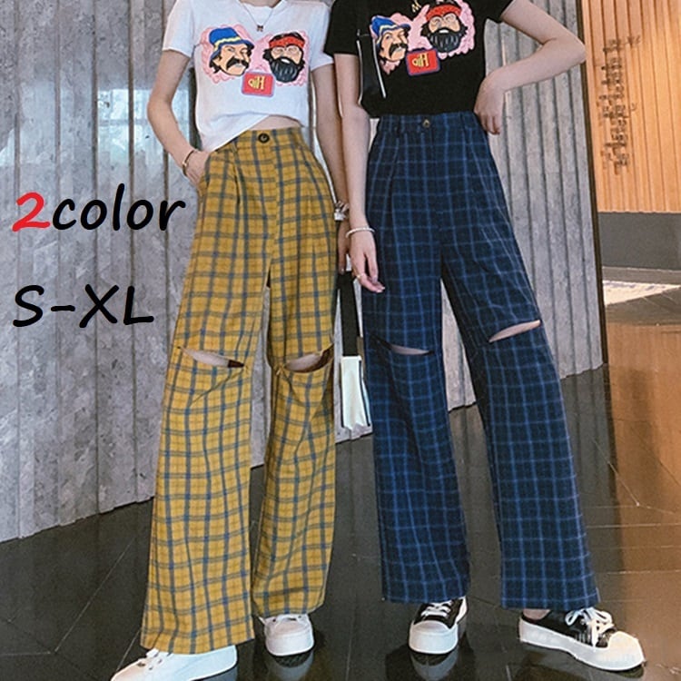 ストレートパンツ レディース ボトムス パンツ ストレート カッティング ダメージ加工 チェック ストリートファッション カジュアル シンプル かわいい 可愛い 日常 デート お出かけ 普段着10代 20代 女性 XL 青 春 夏 大人 コーデ コーディネート 韓国 ファッション オルチャン お取り寄せ 送料無料 hll-1097