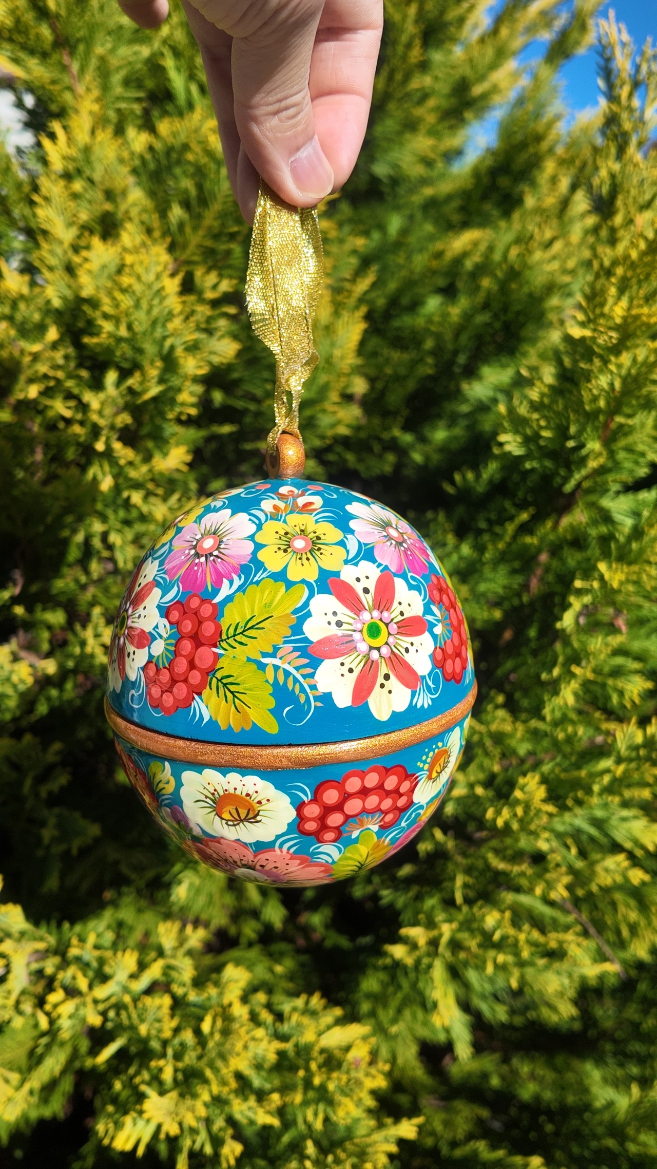 ペトリキウカ塗りの木製クリスマスオーナメント（人間国宝ホメンコ作）ライトブルー - 9