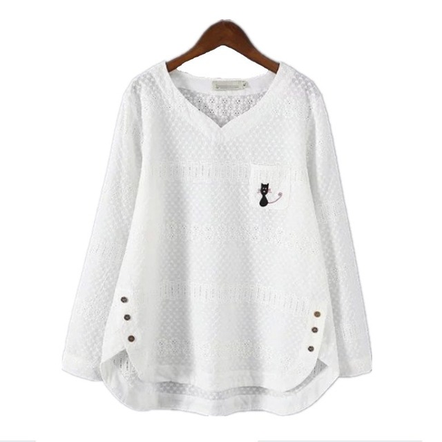 Xxxxl秋プラスサイズ猫刺繍中空アウトシャツ女性緩い長袖ブラウス良い品質綿0933トップス
