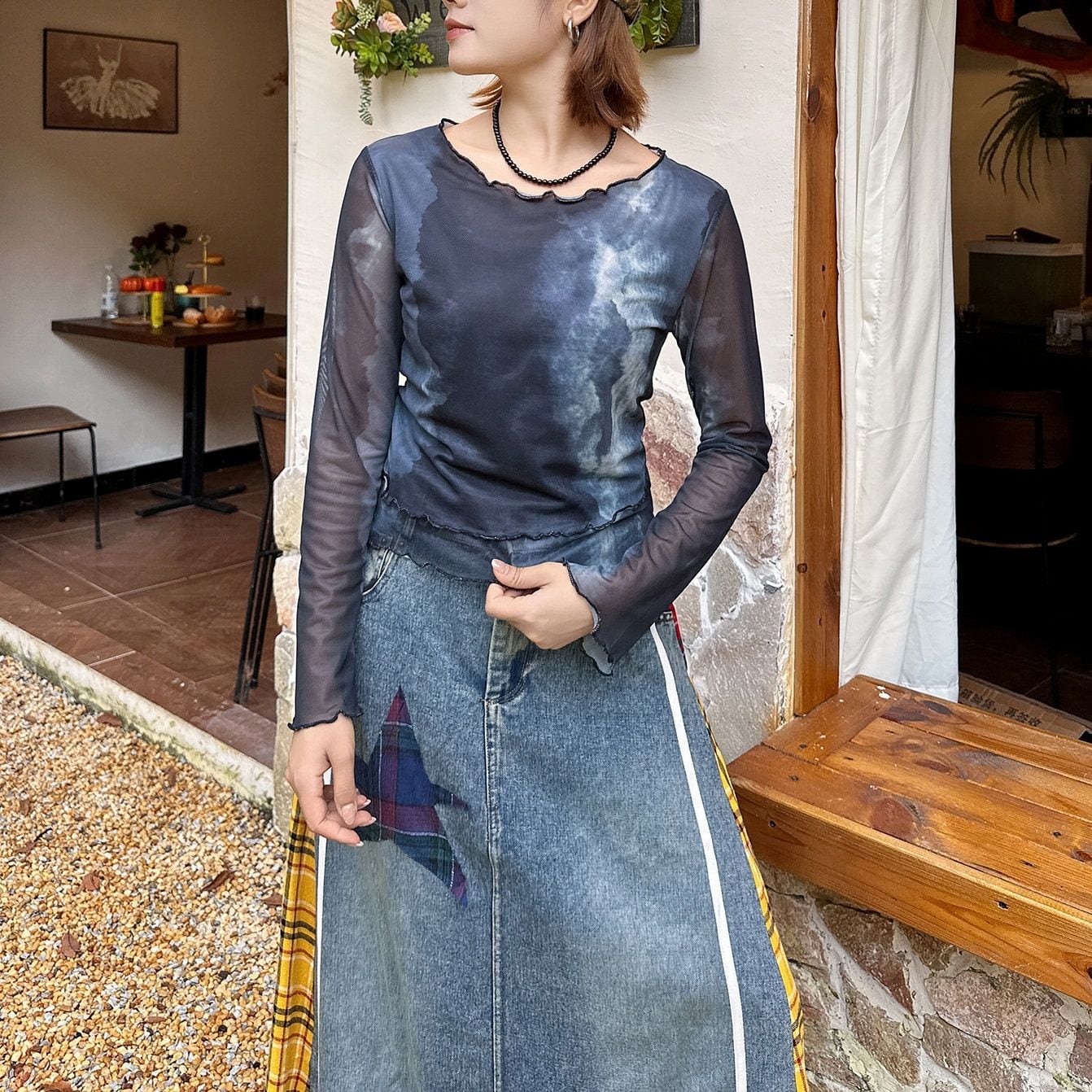 TIE-DYE SHEER LONG SLEEVE SLIM FIT MESH TOP M-18556