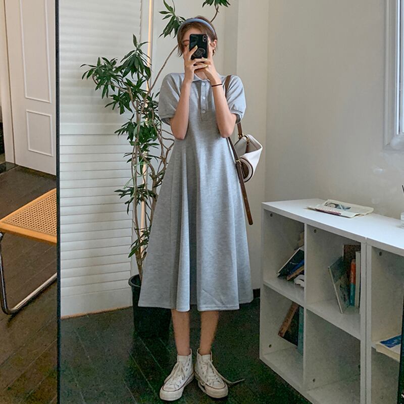 カラーグレースリーブTシャツ ドレス サマースタイルウェストロングスカート 夏物 試着室71243126979