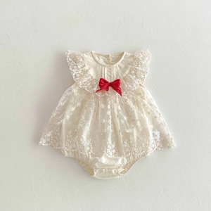 【BABY】レッド蝶結びレースロンパース
