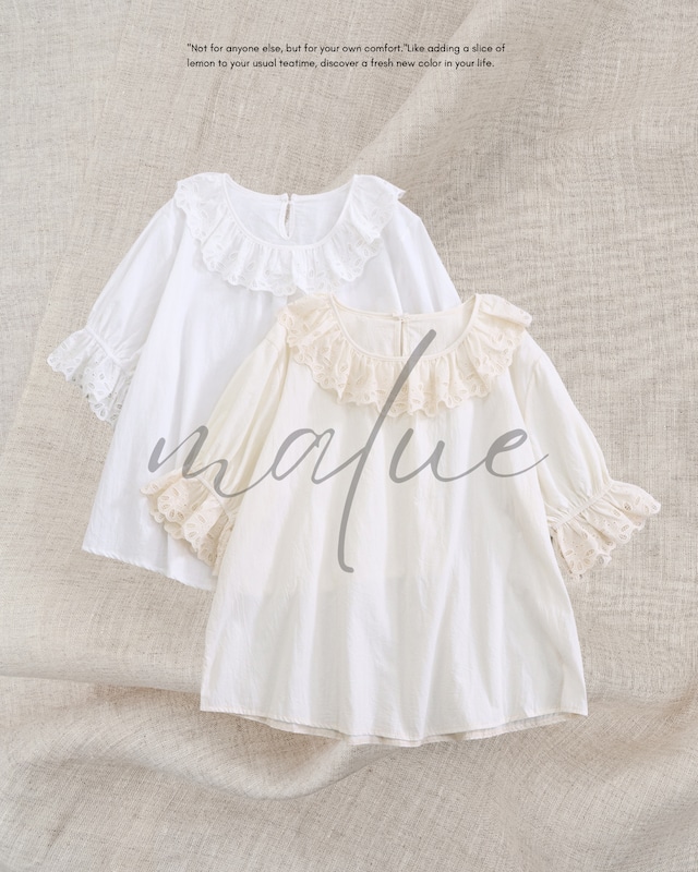 lace frill-collared top with puffy sleeves 2color M0107